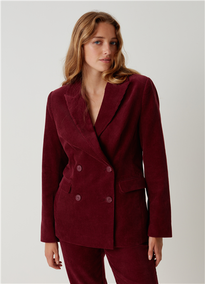 Çift Sıra Düğmeli Fitilli Kadife Bordo Blazer Ceket