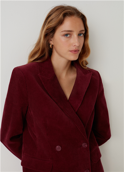 Çift Sıra Düğmeli Fitilli Kadife Bordo Blazer Ceket
