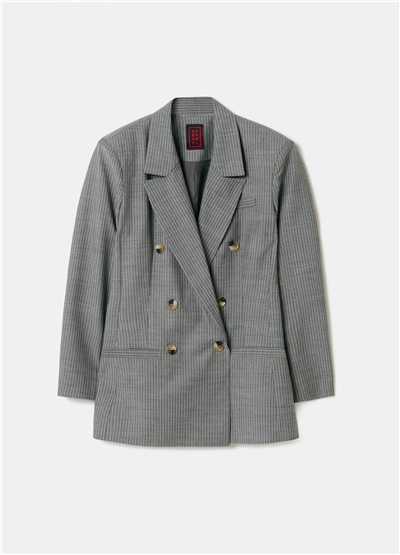 Çift Sıra Düğmeli İnce Çizgili Gri Blazer Ceket