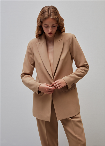 Crêpe Kumaşlı Tek Düğmeli Bej Blazer