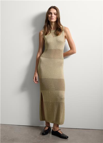 Delikli Ve Simli Detaylara Sahip Jarseden Uzun Bej Elbise