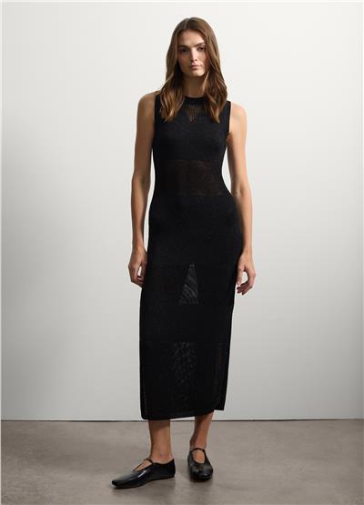 Delikli Ve Simli Detaylara Sahip Jarseden Uzun Siyah Elbise