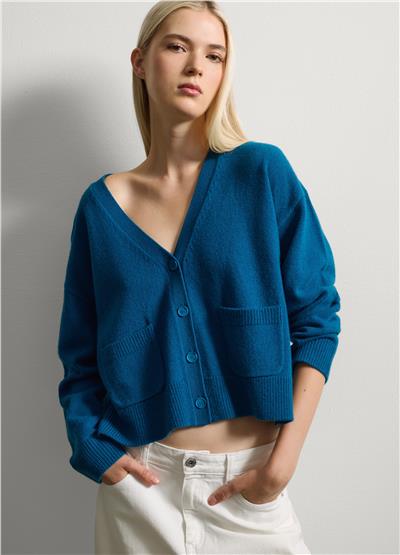 Düğmeli Koyu Mavi Saf Yün Hırka