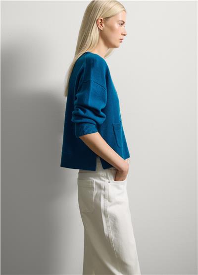 Düğmeli Koyu Mavi Saf Yün Hırka