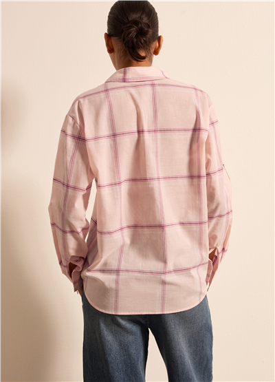 Ekose Desenli Oversize Pembe Gömlek