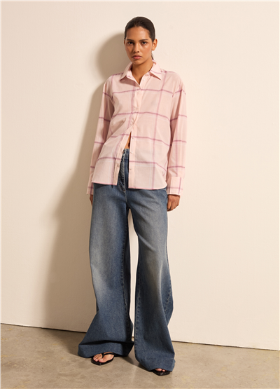 Ekose Desenli Oversize Pembe Gömlek
