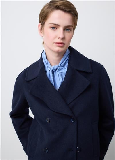 Kısa Çift Düğmeli Mavi Yün Karışımlı Ceket