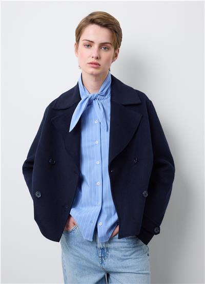 Kısa Çift Düğmeli Mavi Yün Karışımlı Ceket