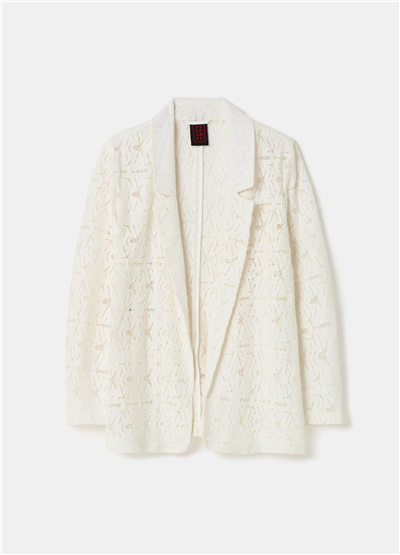 İşlemeli Dantel Detaylı Açık Model Beyaz Blazer Ceket