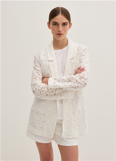 İşlemeli Dantel Detaylı Açık Model Beyaz Blazer Ceket