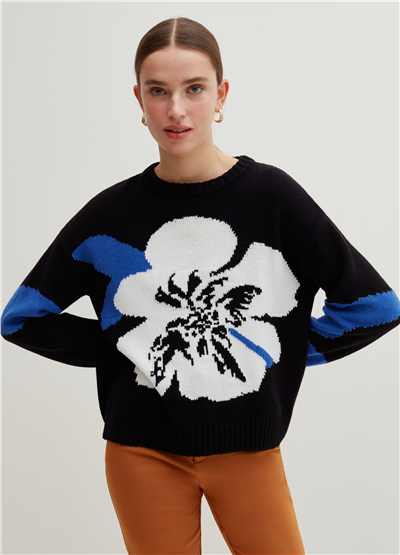 Jakar Desenli Hibiscus Motifli Oversize Kazak