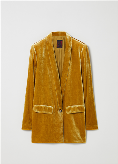 Kadife Dökümlü Sarı Blazer Ceket