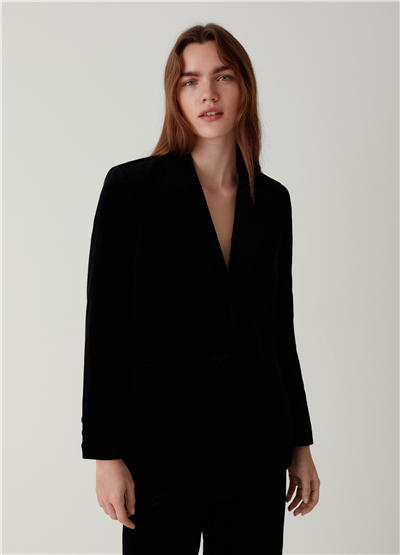 Kadife Tek Düğmeli Siyah Blazer Ceket