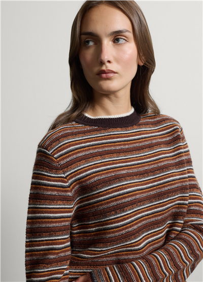 Kahverengi Çizgili Uzun Kollu Saf Yün Kazak