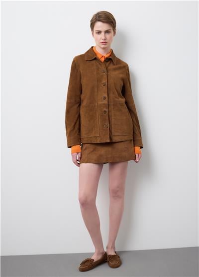Düğmeli Kahverengi Hakiki Süet Deri Ceket Normal Kesim