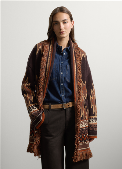 Kahverengi Jakarlı Bisiklet Yaka Oversize Fit Yün Karışımlı Hırka