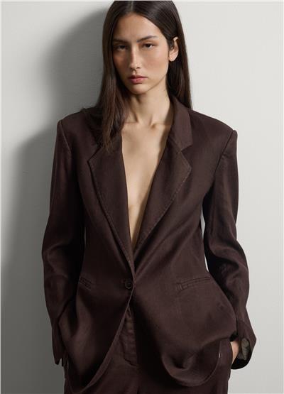 Kahverengi Keten Karışımlı Regular Kalıp Blazer Ceket