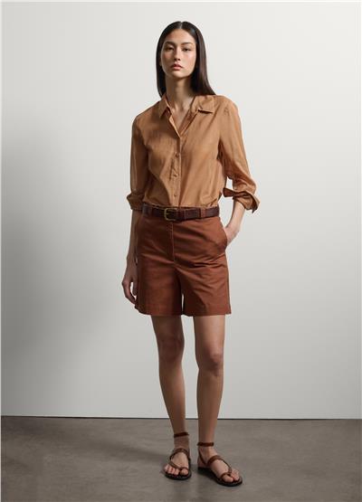 Kahverengi Keten Pamuk Karışımlı Regular Fit Şort