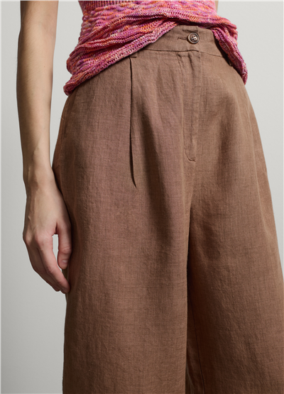 Kahverengi Keten Regular Fit Pantolon