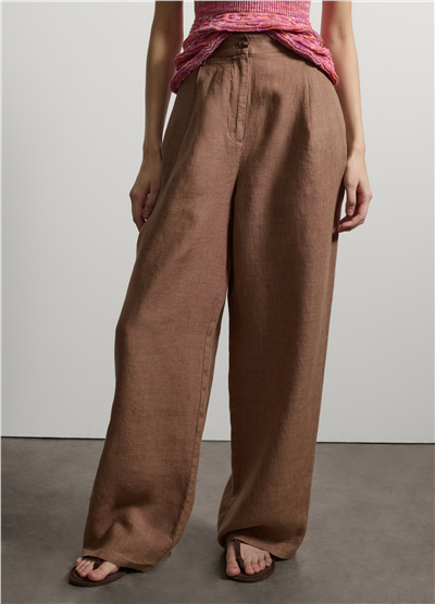 Kahverengi Keten Regular Fit Pantolon
