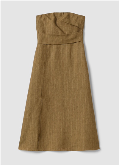 Kahverengi Kolsuz Keten Maxi Elbise Regular Fit