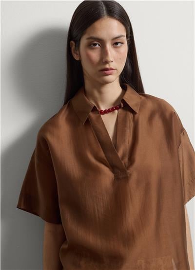 Kahverengi Lyocell Karışımlı Kısa Kollu Regular Kalıp Gömlek