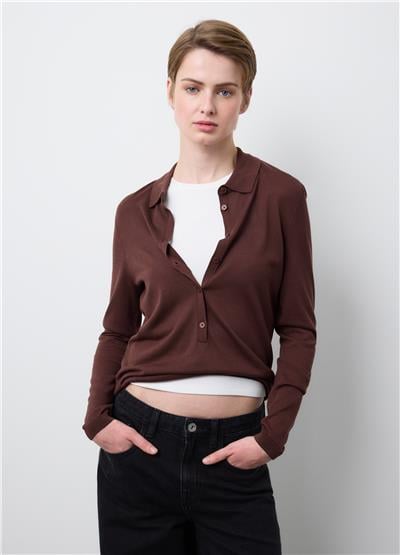 Kahverengi Lyocell ve Pamuktan Üretilmiş Normal Kesim Polo Yaka Kazak