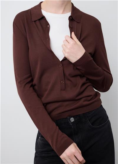 Kahverengi Lyocell ve Pamuktan Üretilmiş Normal Kesim Polo Yaka Kazak