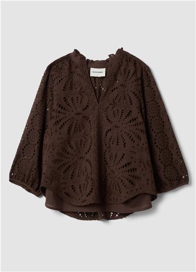 Kahverengi Pamuk Broderie Anglaise Bluz