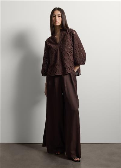 Kahverengi Pamuk Broderie Anglaise Bluz