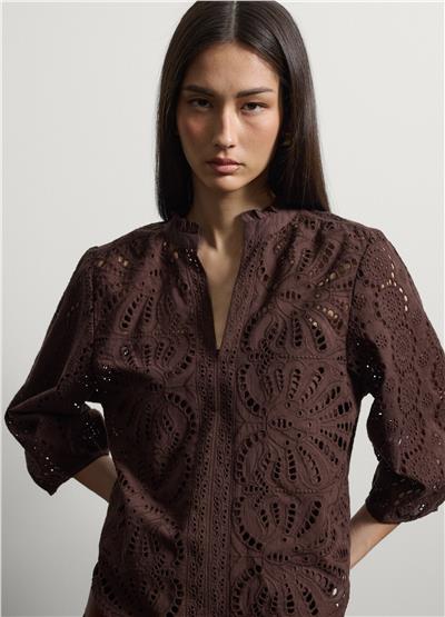 Kahverengi Pamuk Broderie Anglaise Bluz