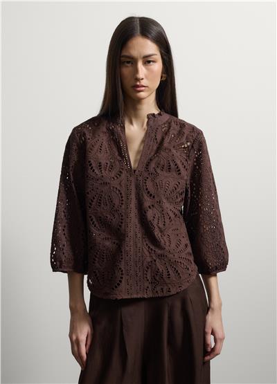 Kahverengi Pamuk Broderie Anglaise Bluz