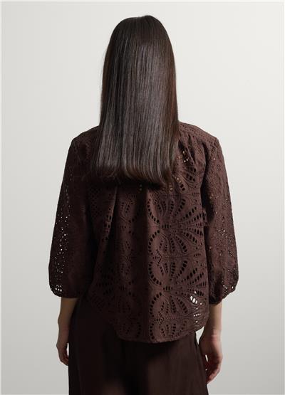 Kahverengi Pamuk Broderie Anglaise Bluz