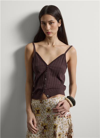 Kahverengi Pamuklu Düğmeli Regular Kalıp Bluz