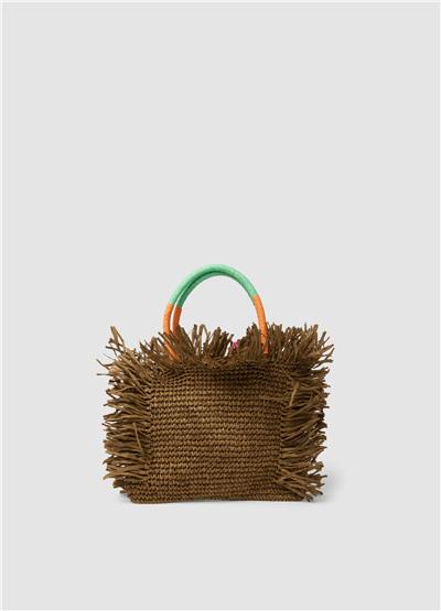 Kahverengi Püsküllü Çiçek Detaylı Kağıt Kumaş Shopper Çanta