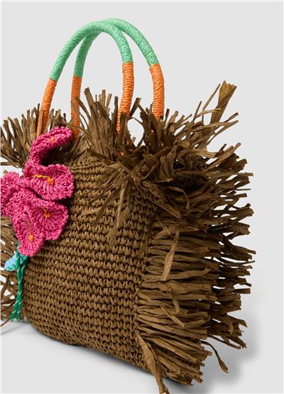 Kahverengi Püsküllü Çiçek Detaylı Kağıt Kumaş Shopper Çanta