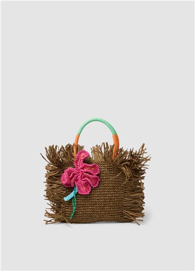Kahverengi Püsküllü Çiçek Detaylı Kağıt Kumaş Shopper Çanta