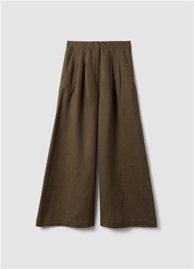 Kahverengi Saf Keten Bol Paça Pantolon