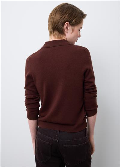 Kahverengi Saf Yün Regular Fit Polo Yaka Kazak