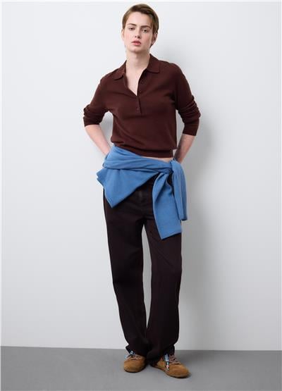 Kahverengi Saf Yün Regular Fit Polo Yaka Kazak
