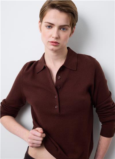 Kahverengi Saf Yün Regular Fit Polo Yaka Kazak