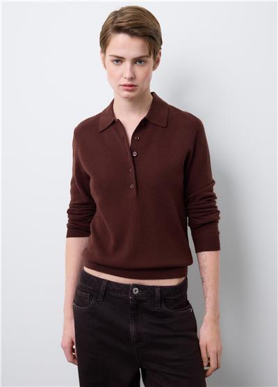 Kahverengi Saf Yün Regular Fit Polo Yaka Kazak