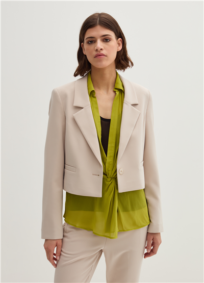 Katmanlı Crêpe Kısa Kesim Düğmeli Bej Blazer
