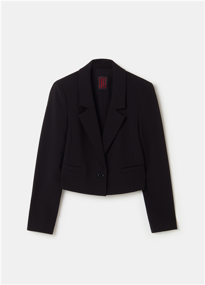 Katmanlı Crêpe Kısa Kesim Düğmeli Siyah Blazer