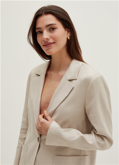 Keten Ve Viskoz Karışımlı Bej Oversize Blazer