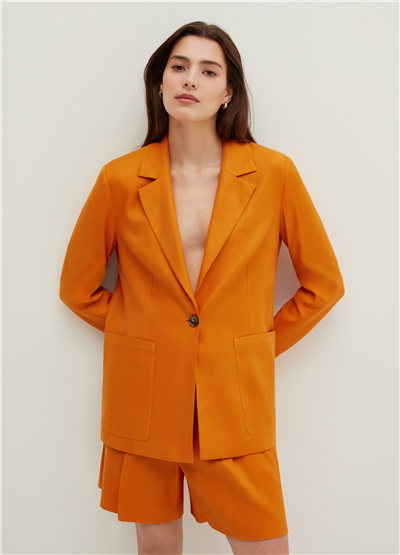 Keten Ve Viskoz Karışımlı Turuncu Oversize Blazer