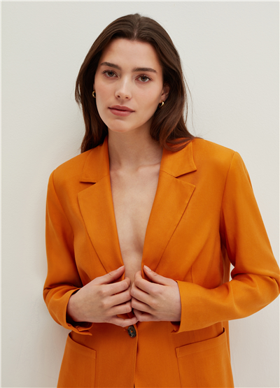 Keten Ve Viskoz Karışımlı Turuncu Oversize Blazer
