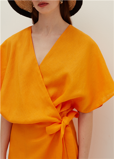 Kimono Kollu Kısa Turuncu Keten Elbise