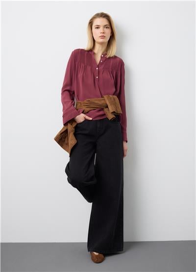 Kırmızı Saf Viskoz Bant Yakalı Regular Kalıp Gömlek