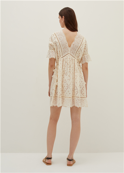 Kısa Broderie Anglaise Ekru Elbise